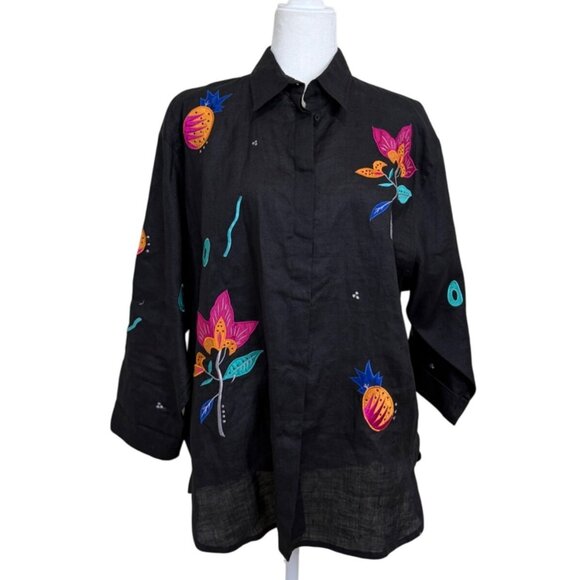 SUZELLE Womens Top Button Up Ramie Black Pink Tropical Embroidered Size 14 - Picture 1 of 7